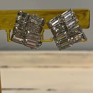 Vintage Signed Weiss Baguette Rhinestone Clip On Earrings Silver Tone Art Deco